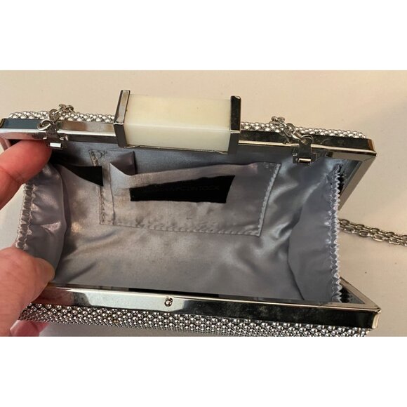 Jessica McClintock Silver Rhinestone Evening Clutch Chain Strap & Snap Closure - Picture 4 of 8
